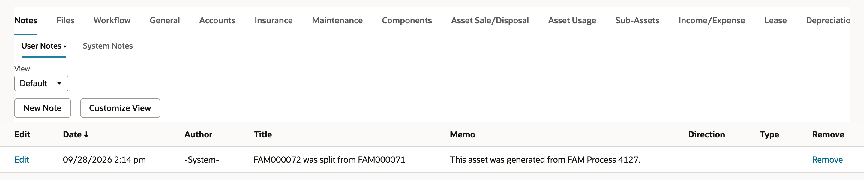 Notes subtab of FAM000072, User Notes: 09/28/2026 2:14 pm, author -System-, title FAM000072 was split from FAM000071, memo This asset was generated from FAM Process 4127.