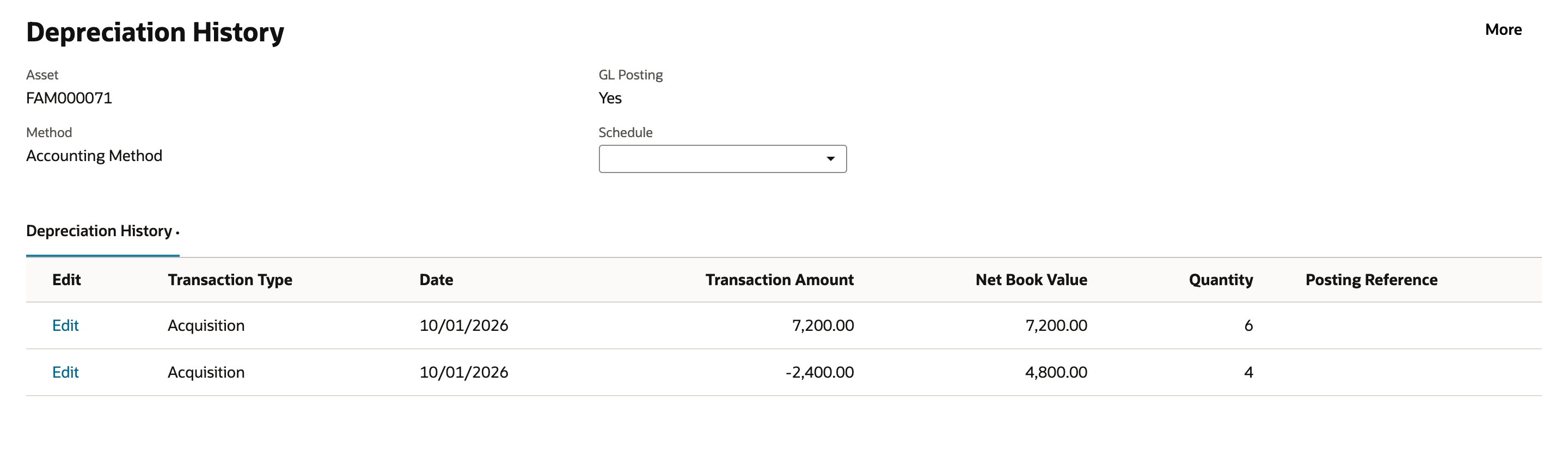 Depreciation History for FAM000071, Accounting Method: Acquisition 10/01/2026 Transaction Amount 7,200.00, Net Book Value 7,200.00, Quantity 6; Acquisition 10/01/2026 Transaction Amount -2,400.00, Net Book Value 4,800.00, Quantity 4; Posting Reference empty on both rows. An arrow points to -2,400.00.