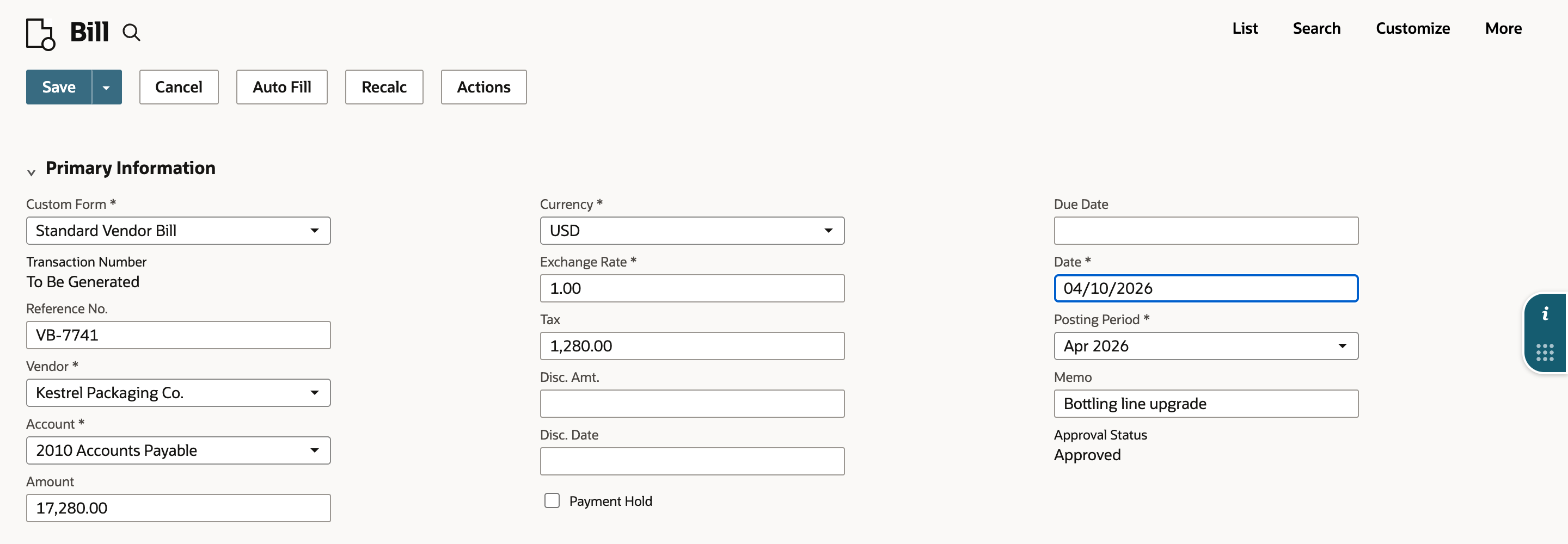 A new bill for Kestrel Packaging Co.: Reference No. VB-7741, Amount 17,280.00, Tax 1,280.00 and Date 04/10/2026.