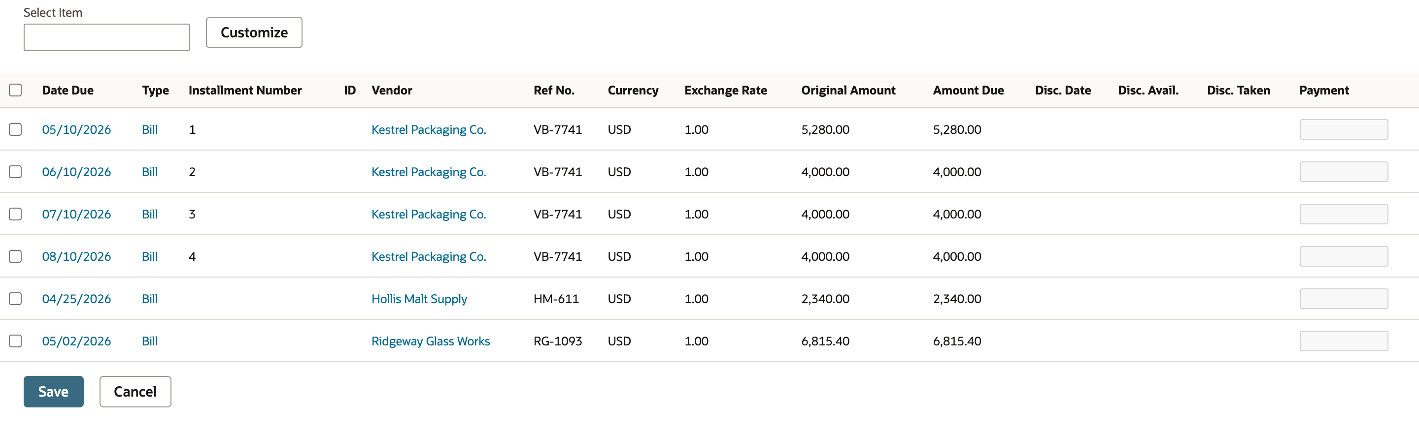 Pay Bills with four rows for VB-7741 from Kestrel Packaging Co.: Installment Number 1 due 05/10/2026 for 5,280.00, and installments 2, 3 and 4 due 06/10/2026, 07/10/2026 and 08/10/2026 for 4,000.00, above two other open bills. An arrow points to the Installment Number column.