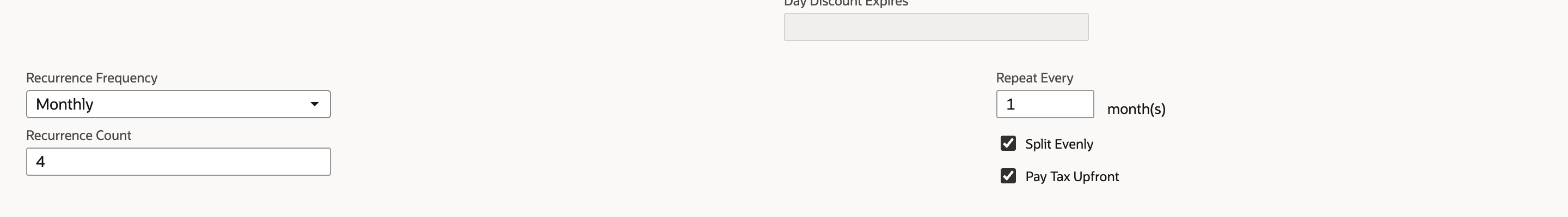 The 4 Monthly Installments term in edit mode with Recurrence Frequency Monthly, Recurrence Count 4, Repeat Every 1 month(s), and both Split Evenly and Pay Tax Upfront checked. An arrow points to Pay Tax Upfront.