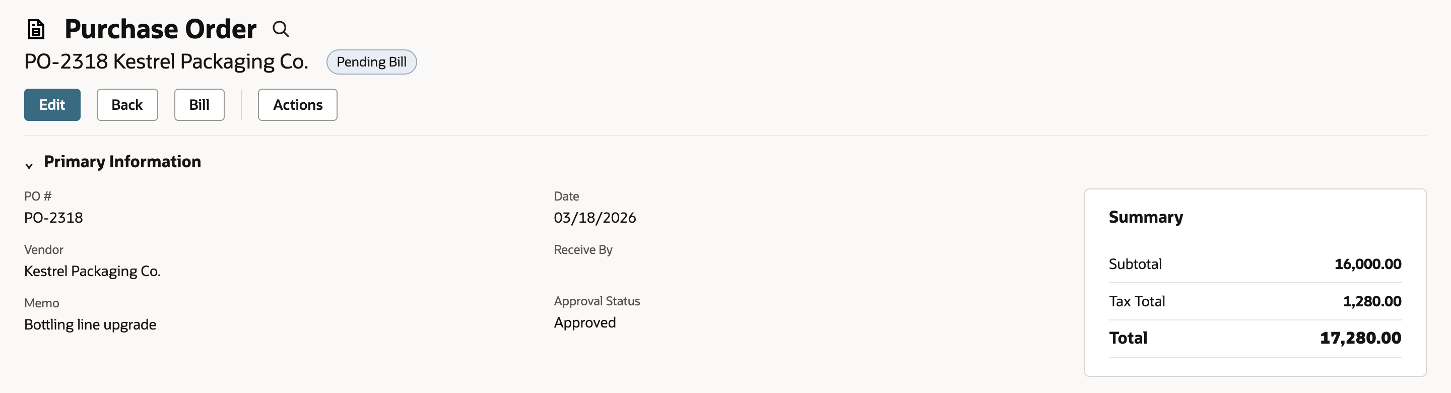 Purchase order PO-2318 for Kestrel Packaging Co. with status Pending Bill, a Bill button, and a Summary of Subtotal 16,000.00, Tax Total 1,280.00 and Total 17,280.00.