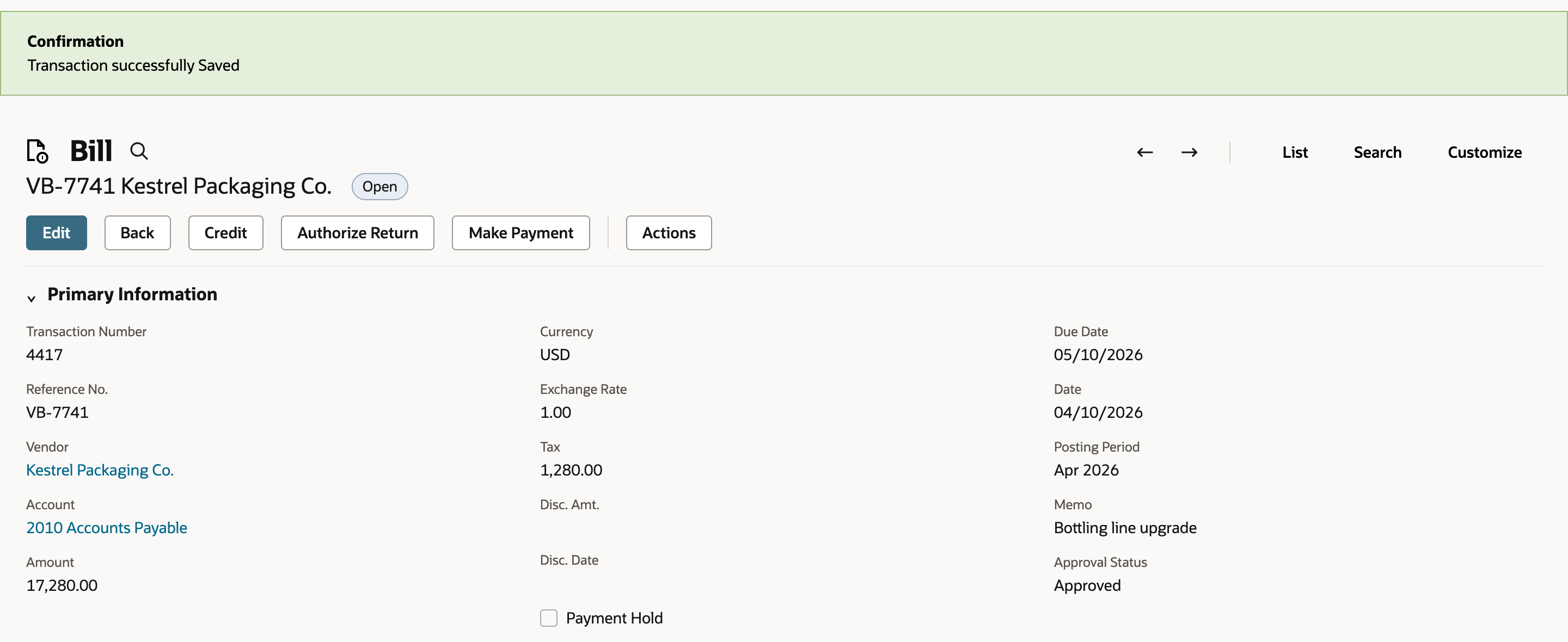 The saved bill VB-7741 for Kestrel Packaging Co. with a Transaction successfully Saved confirmation, status Open, Amount 17,280.00, Tax 1,280.00, Date 04/10/2026 and Due Date 05/10/2026. An arrow points to the Due Date.