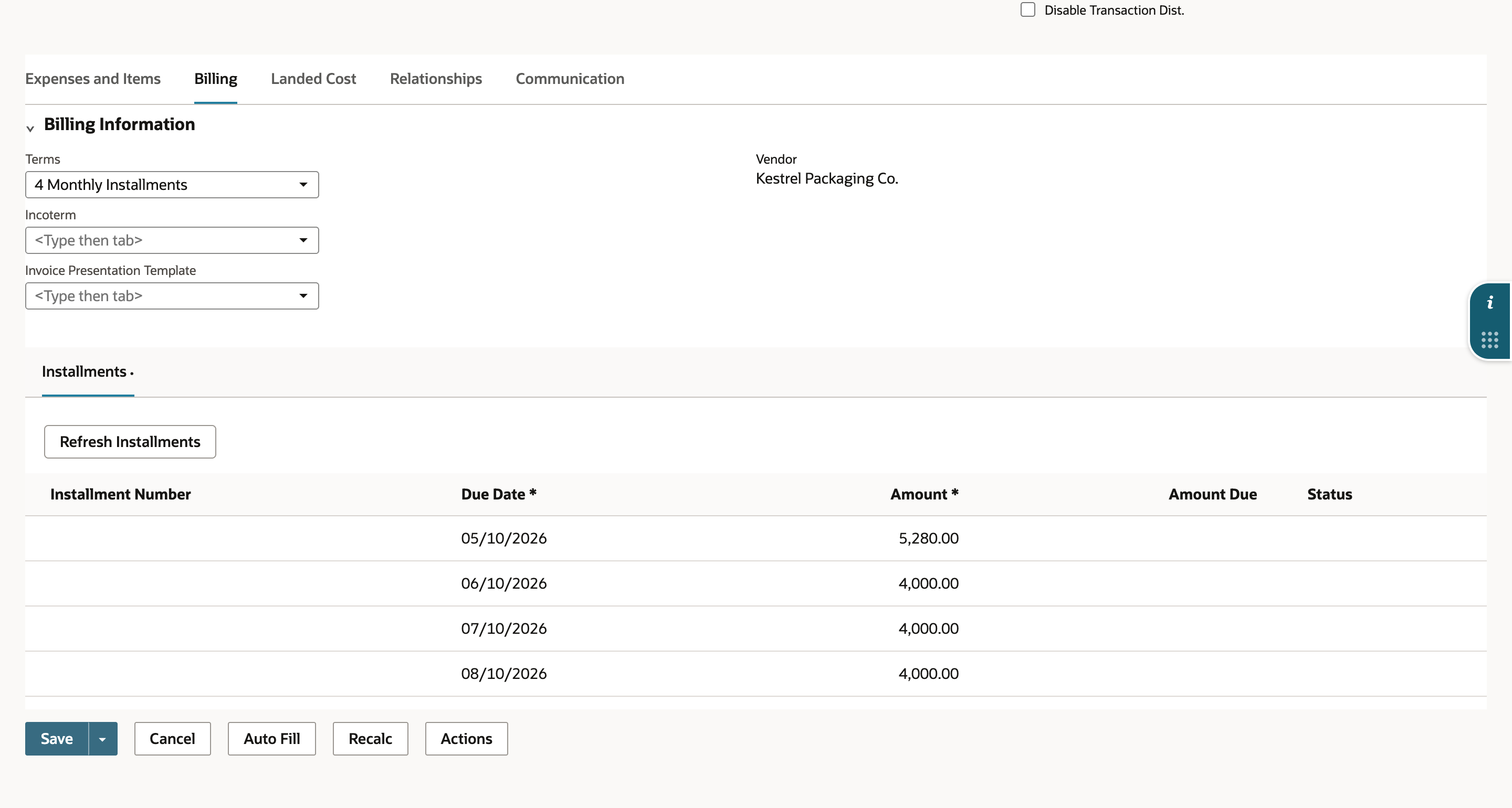 The bill Installments grid after Pay Tax Upfront: 5,280.00 due 05/10/2026, then 4,000.00 due 06/10/2026, 07/10/2026 and 08/10/2026. An arrow points to 5,280.00.