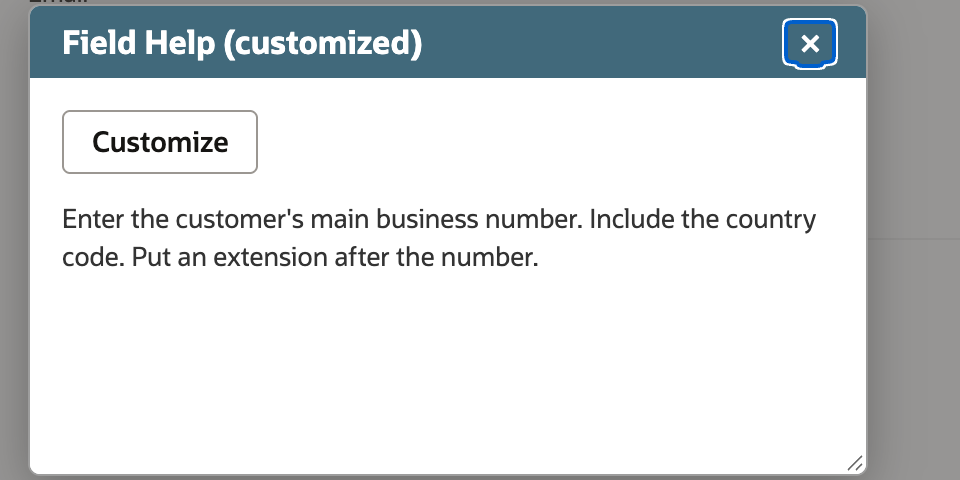 Customized Phone field help showing the saved instruction to include a country code and extension.