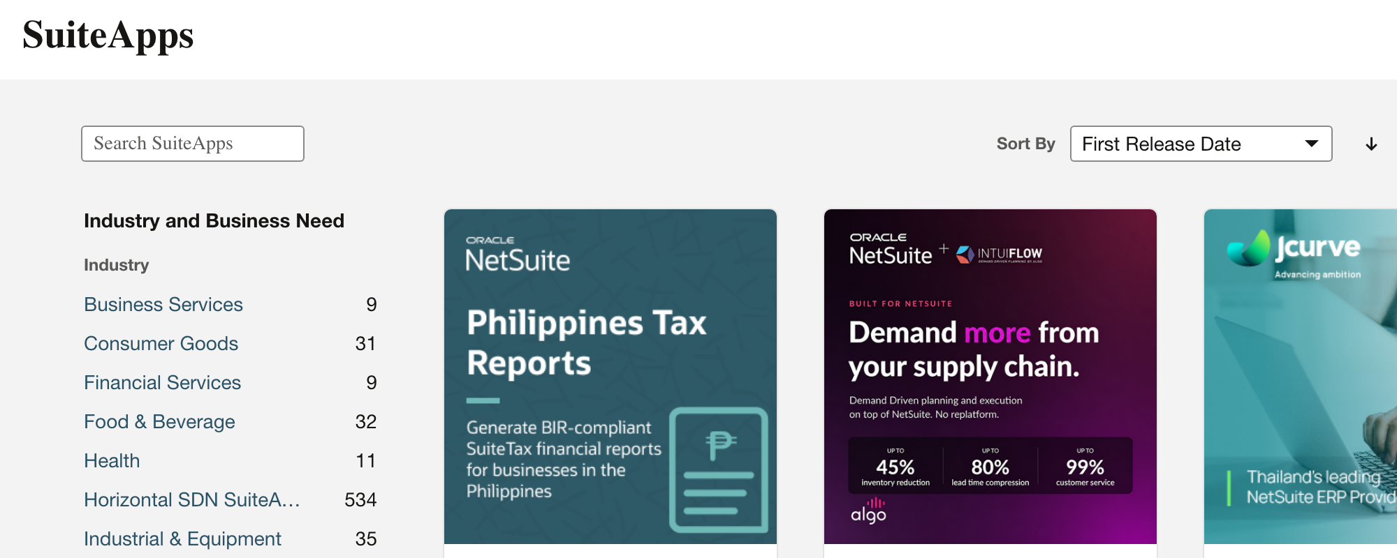 Review the visible result pages, filters, and SuiteApp cards.