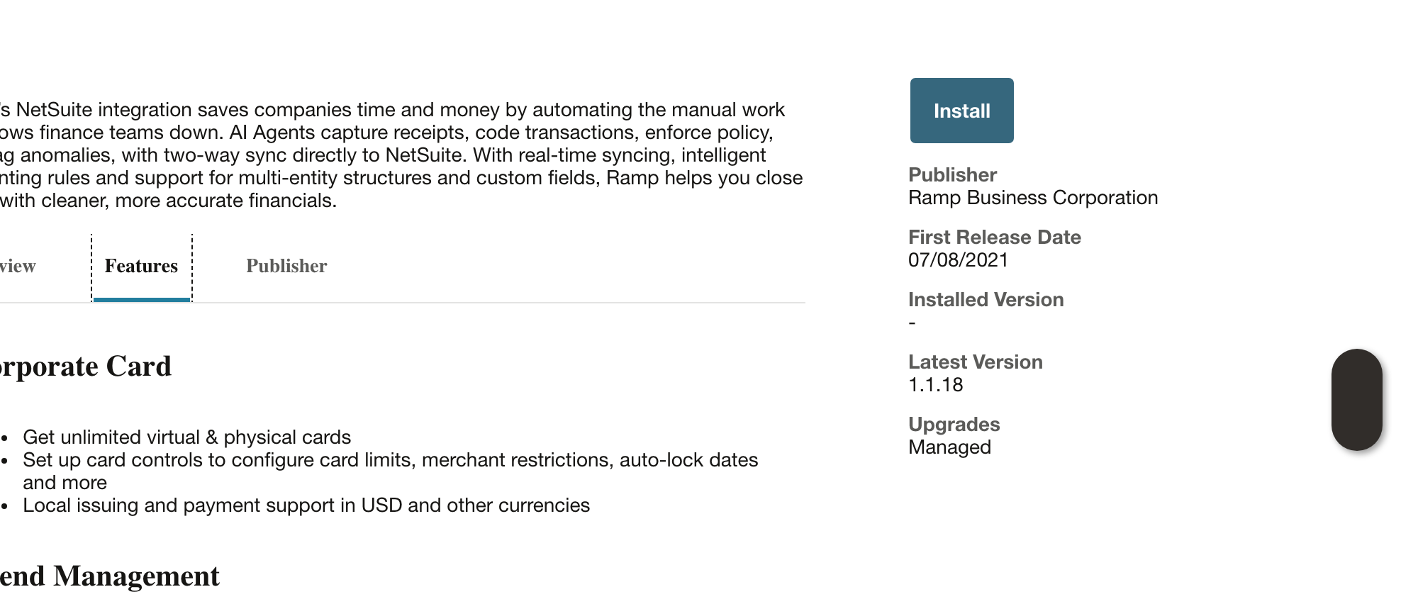Publisher, release, installation, latest-version, and upgrade fields are visible.