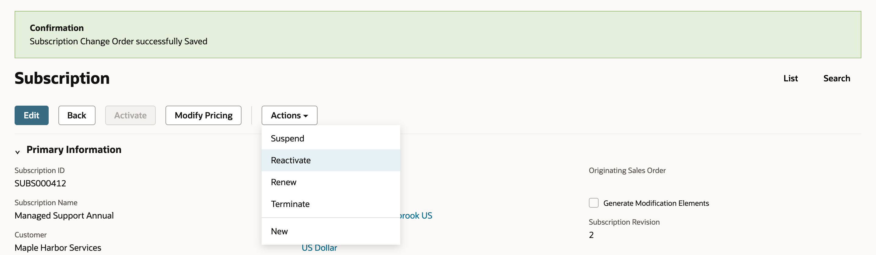 The Actions menu open on the Suspended subscription, listing Suspend, Reactivate, Renew, Terminate and New.