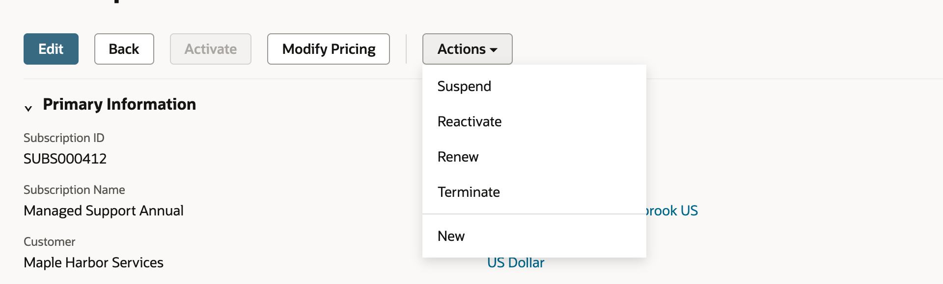 The Actions menu open on the subscription, listing Suspend, Reactivate, Renew, Terminate and New.