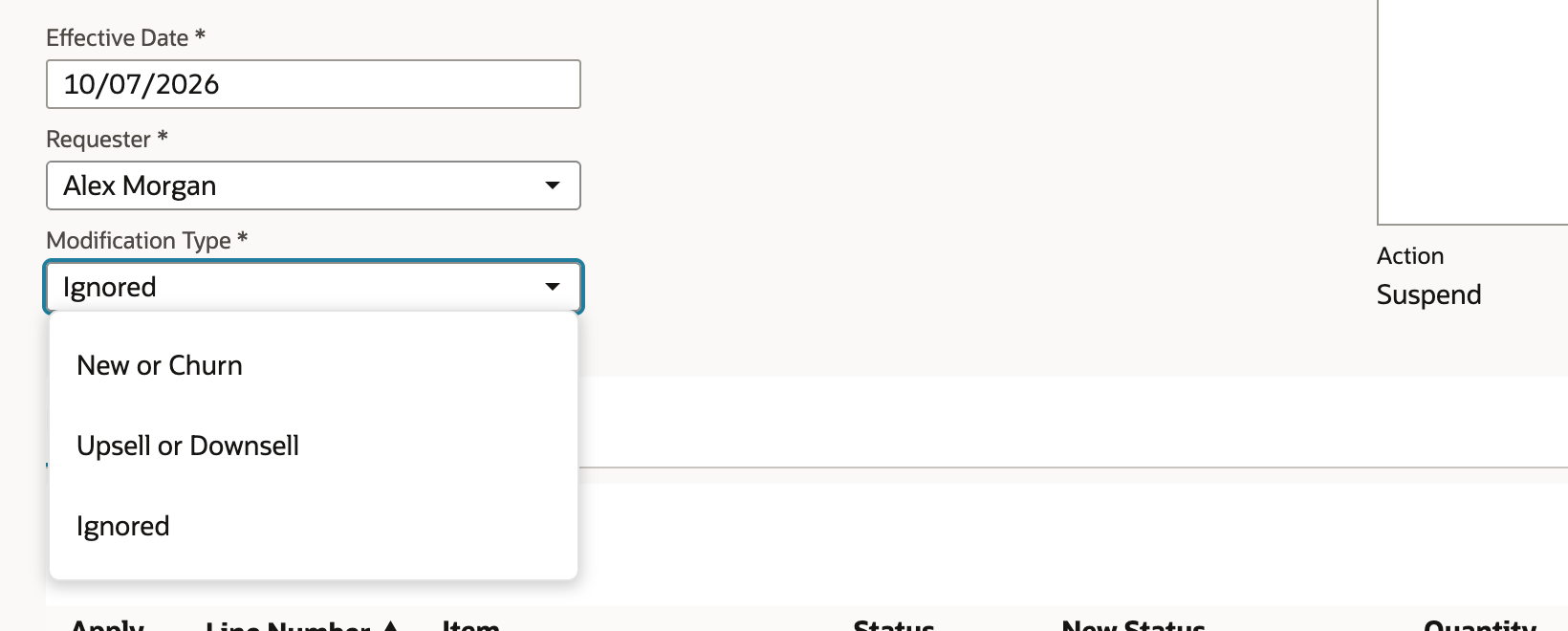 The Modification Type list open with New or Churn, Upsell or Downsell and Ignored.