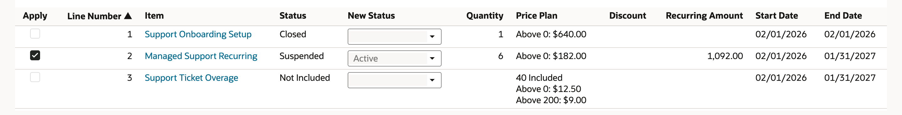 The Lines subtab of the Reactivate change order with Apply checked on Managed Support Recurring, Status Suspended and New Status Active.