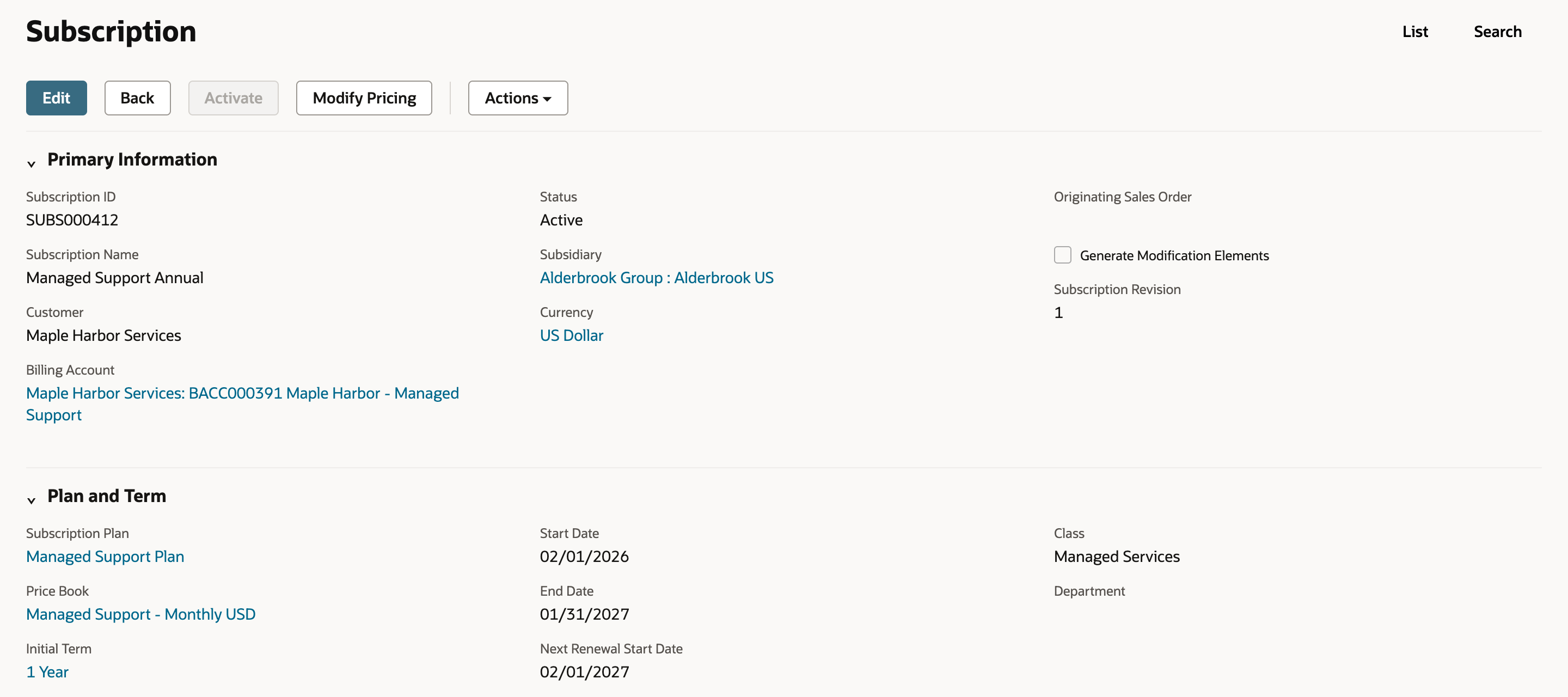 Subscription SUBS000412 for Maple Harbor Services with Status Active, Subscription Revision 1, Subscription Plan Managed Support Plan, Initial Term 1 Year, Start Date 02/01/2026 and End Date 01/31/2027.