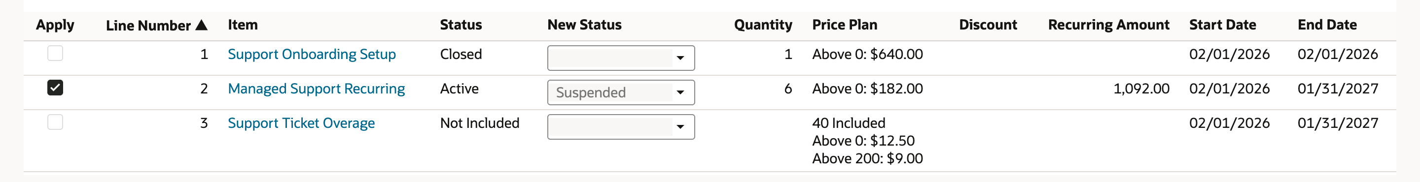 The Lines subtab of the Suspend change order with Apply checked on Managed Support Recurring and New Status Suspended. The Closed and Not Included lines are unchecked with empty New Status.