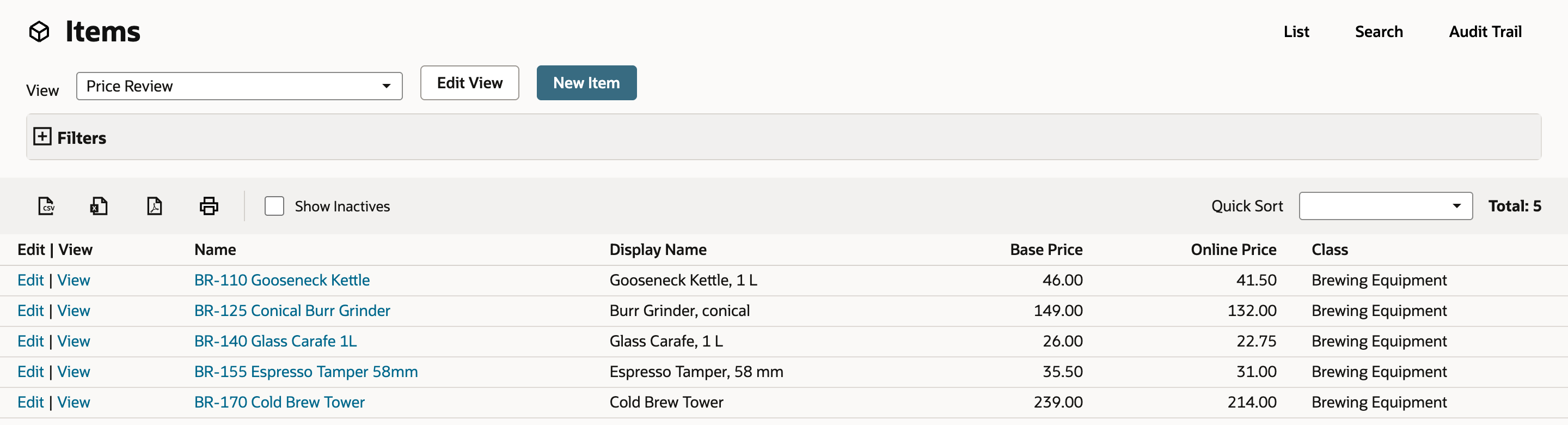 Items list in the Price Review view after the swap: Base Price 46.00, 149.00, 26.00, 35.50 and 239.00 and Online Price 41.50, 132.00, 22.75, 31.00 and 214.00
