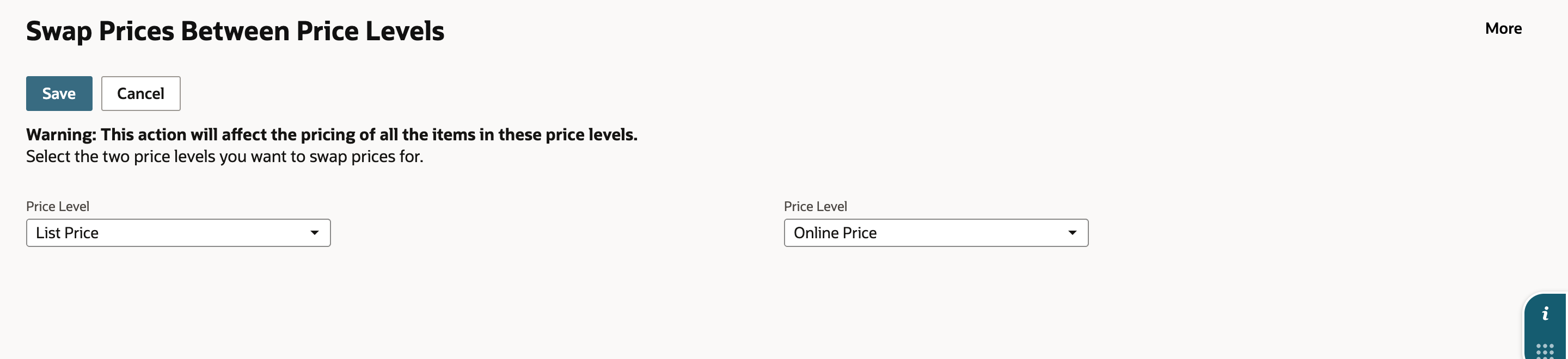 Swap Prices Between Price Levels page with the first Price Level set to List Price and the second set to Online Price