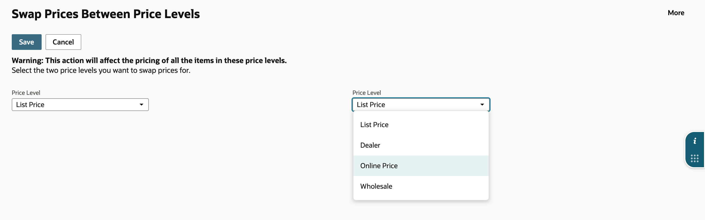 Swap Prices Between Price Levels page with the warning, the first Price Level on List Price and the second Price Level list open showing List Price, Dealer, Online Price and Wholesale, with Online Price highlighted