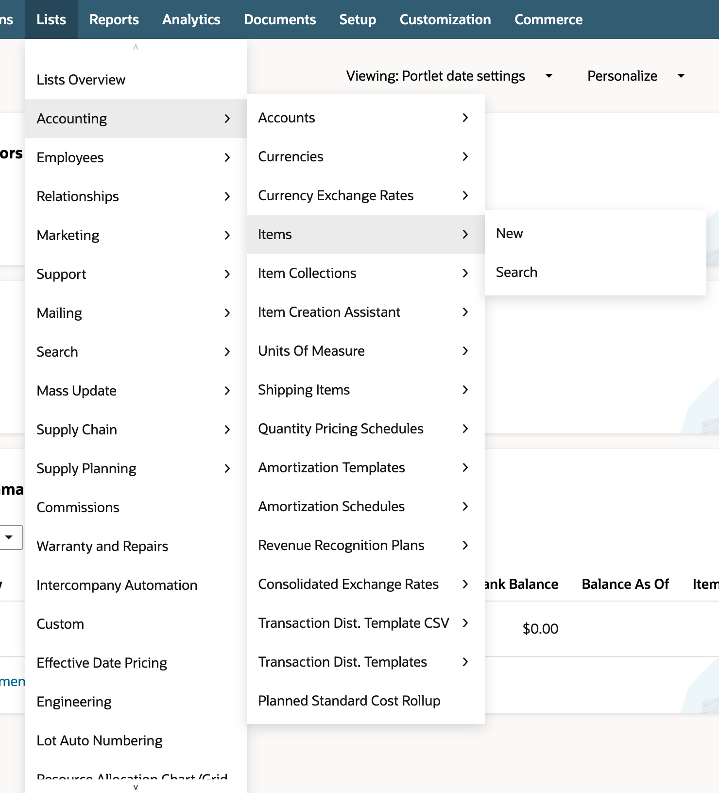 Lists menu open with Accounting highlighted and its flyout showing Items highlighted