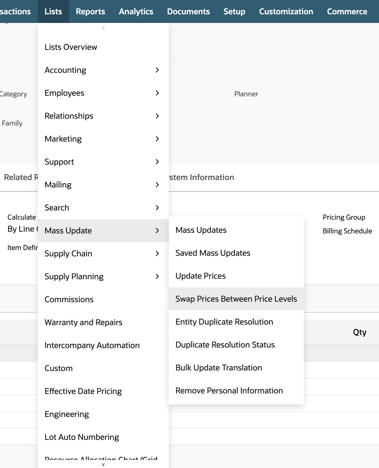 Lists menu with Mass Update open; its flyout lists Mass Updates, Saved Mass Updates, Update Prices, Swap Prices Between Price Levels and four more entries; an arrow points to Swap Prices Between Price Levels