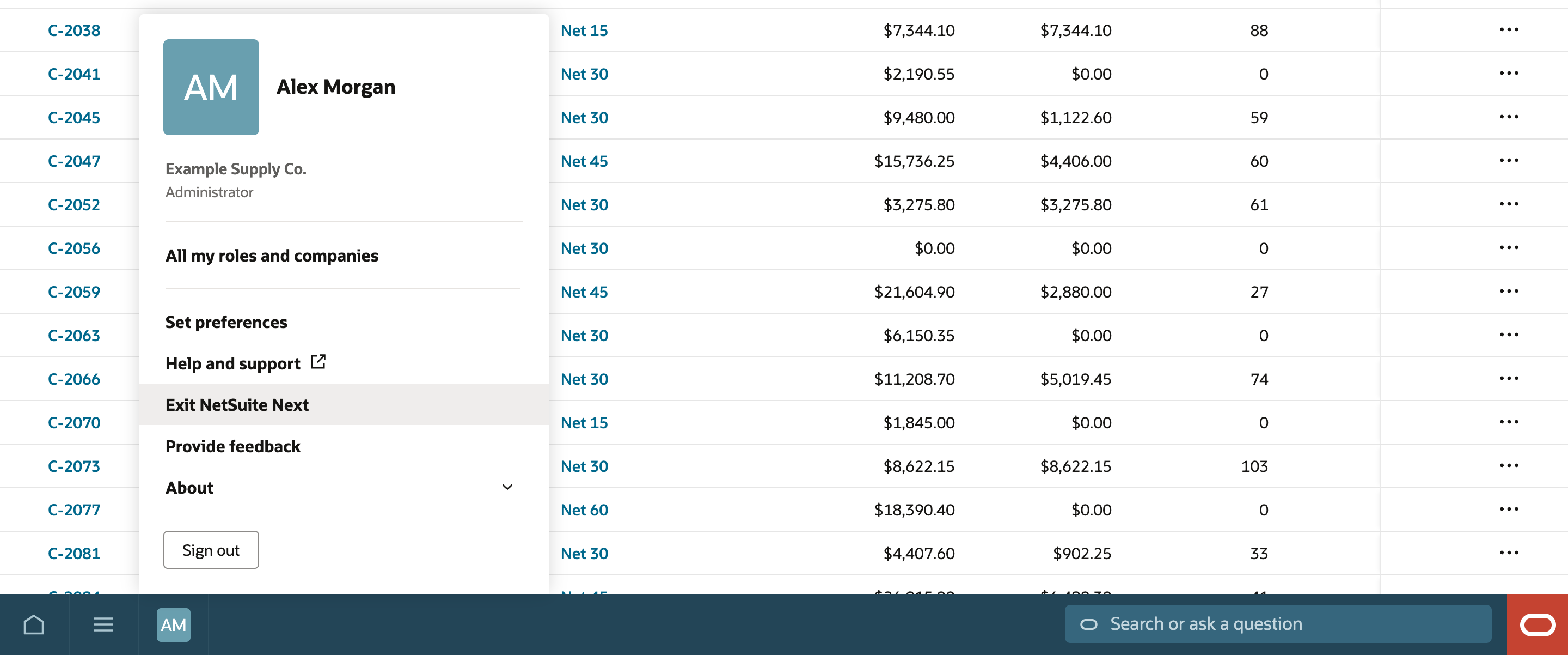 The account menu opened from the AM initials on the bottom bar over the Customers list, showing Alex Morgan, Example Supply Co., Administrator, and Exit NetSuite Next between Help and support and Provide feedback.