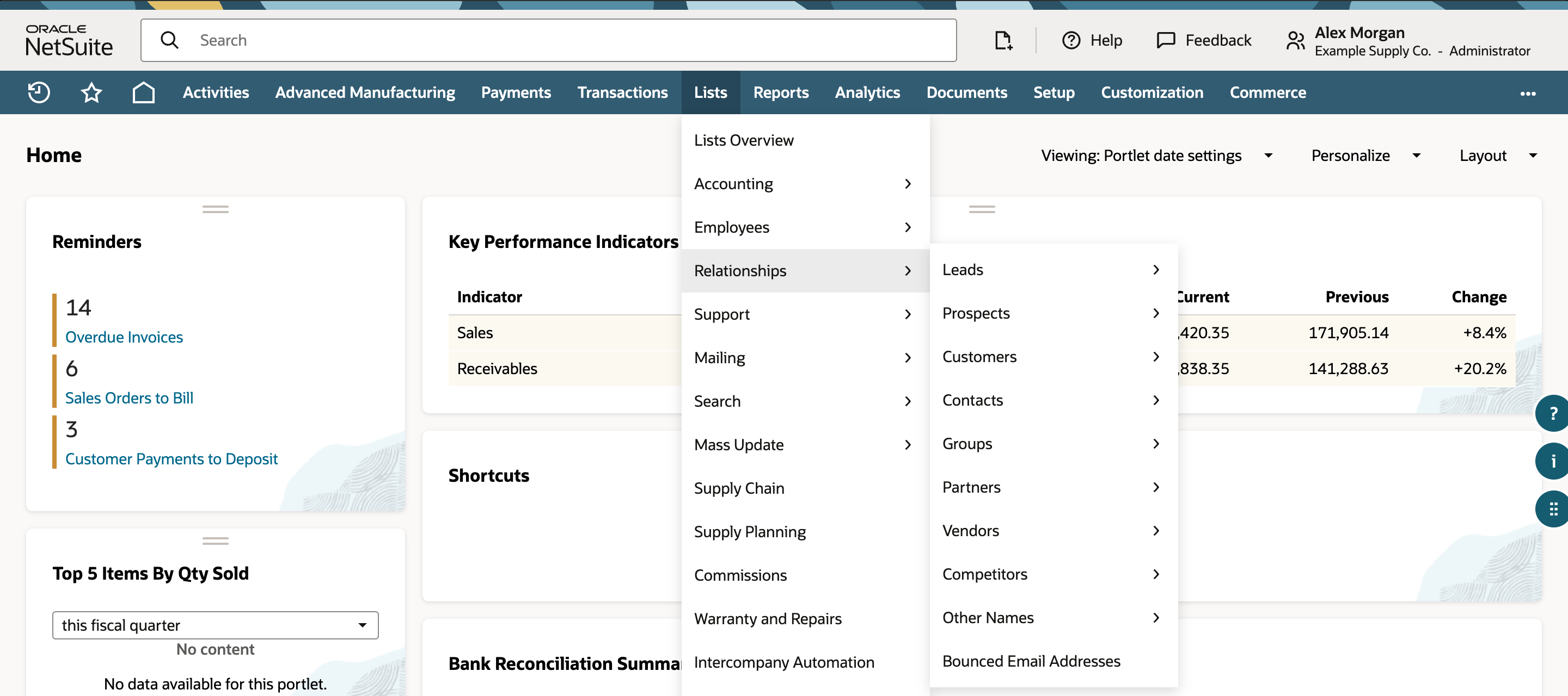 NetSuite Home in the tab-based layout with the Lists tab open, Relationships selected, and Customers in the Relationships submenu.