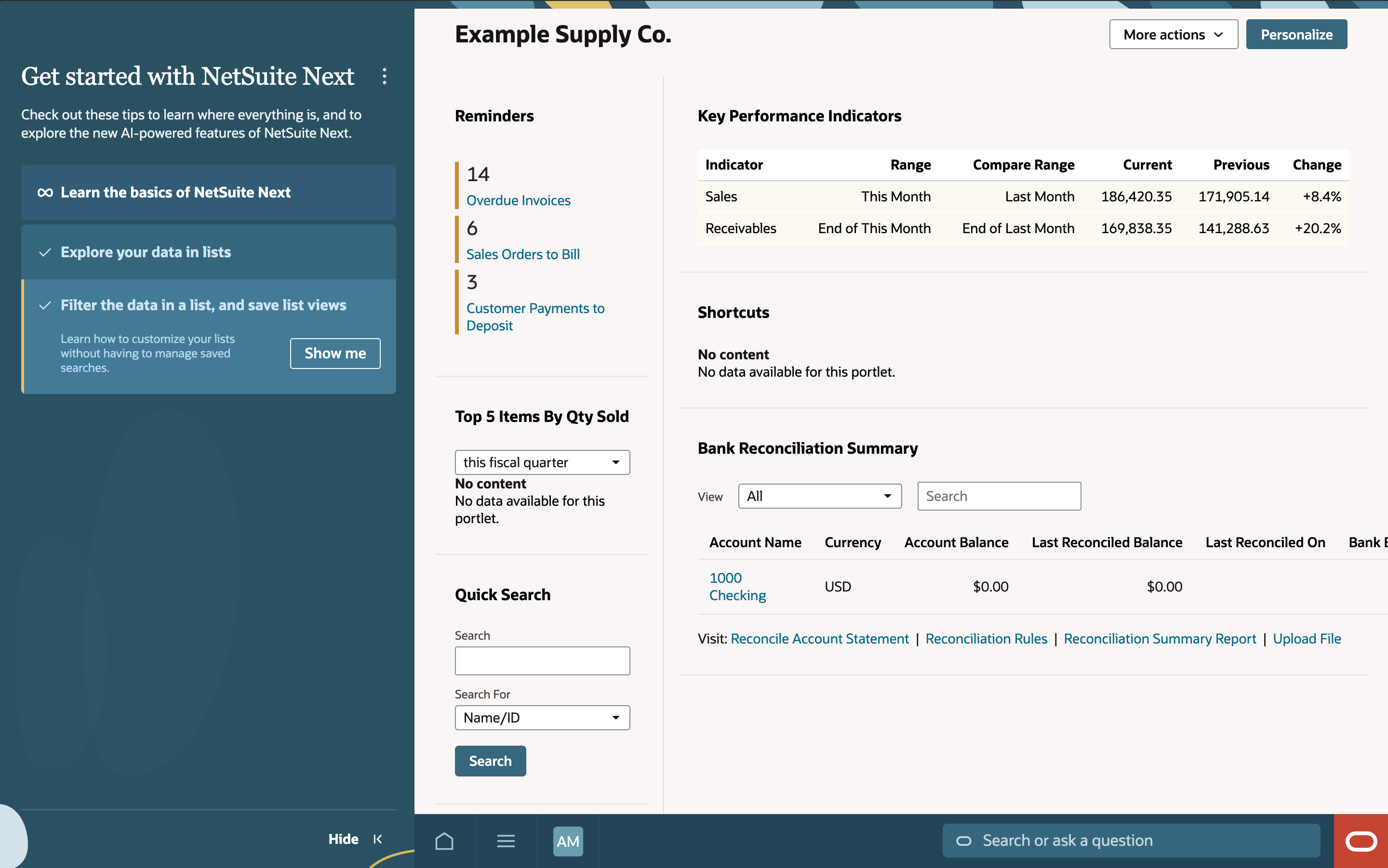 The Get started with NetSuite Next panel on the left of Home, listing Learn the basics of NetSuite Next, Explore your data in lists, and Filter the data in a list, and save list views, with Hide at the bottom.