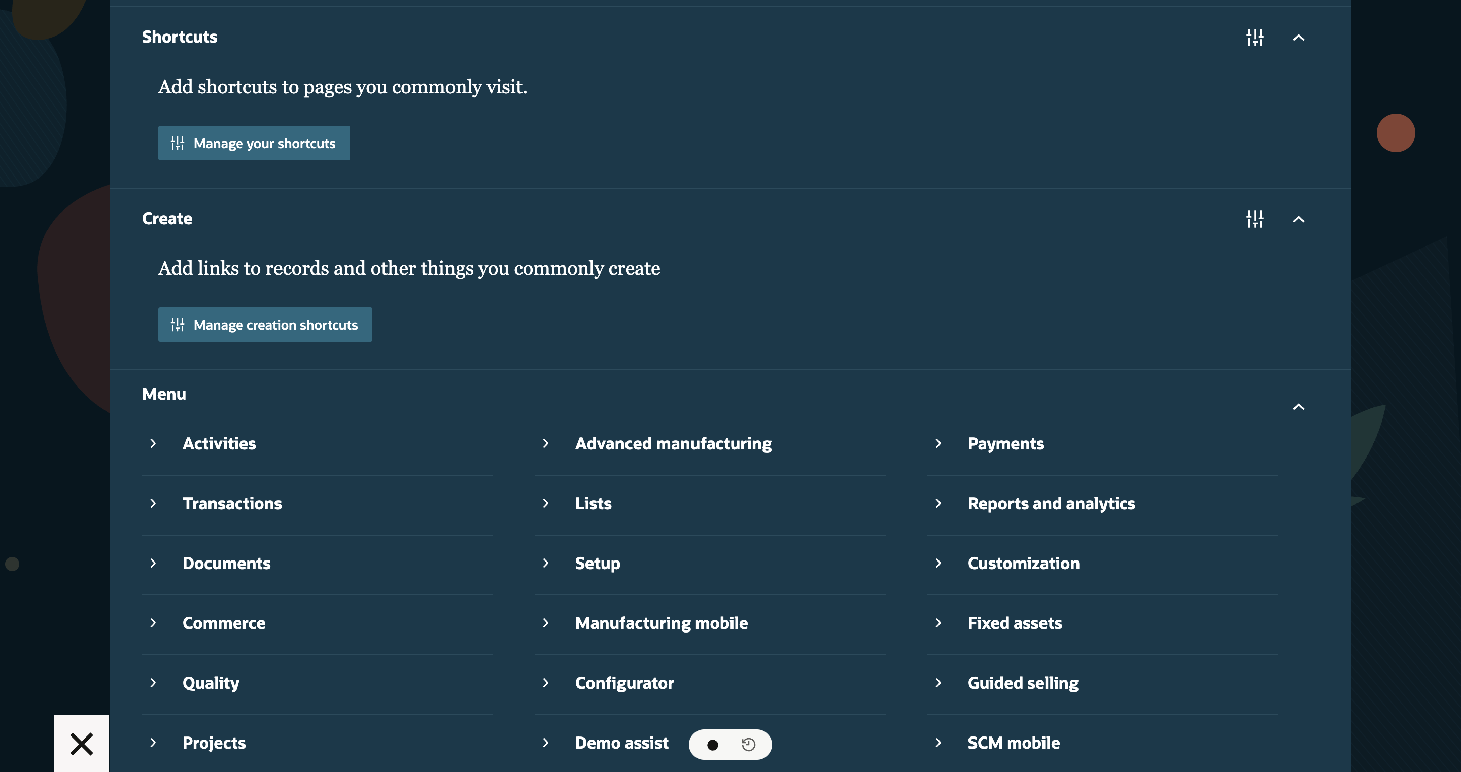 The Menu drawer with Shortcuts and Create sections at the top and the Menu tree below, listing categories such as Activities, Transactions, Lists, Setup, and Payments.