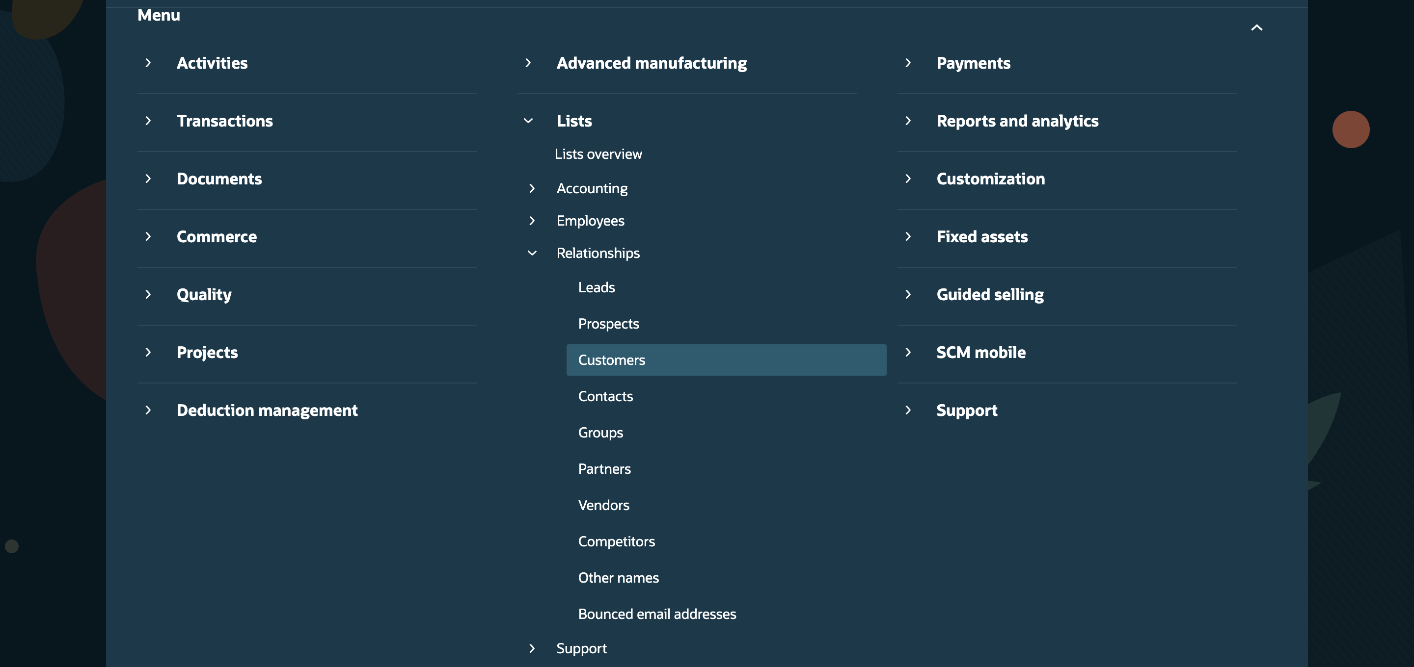 The Menu tree with Lists expanded to Lists overview, Accounting, Employees, and Relationships, and Relationships expanded to Leads, Prospects, Customers, Contacts, and more, with Customers highlighted.