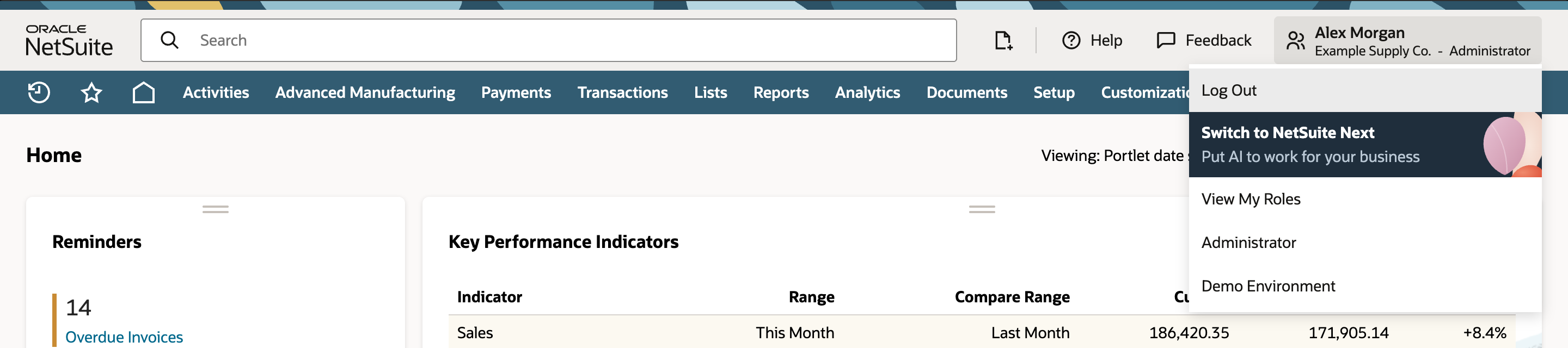 The profile menu at the top right, opened from Alex Morgan, Example Supply Co. - Administrator, with Switch to NetSuite Next highlighted between Log Out and View My Roles.