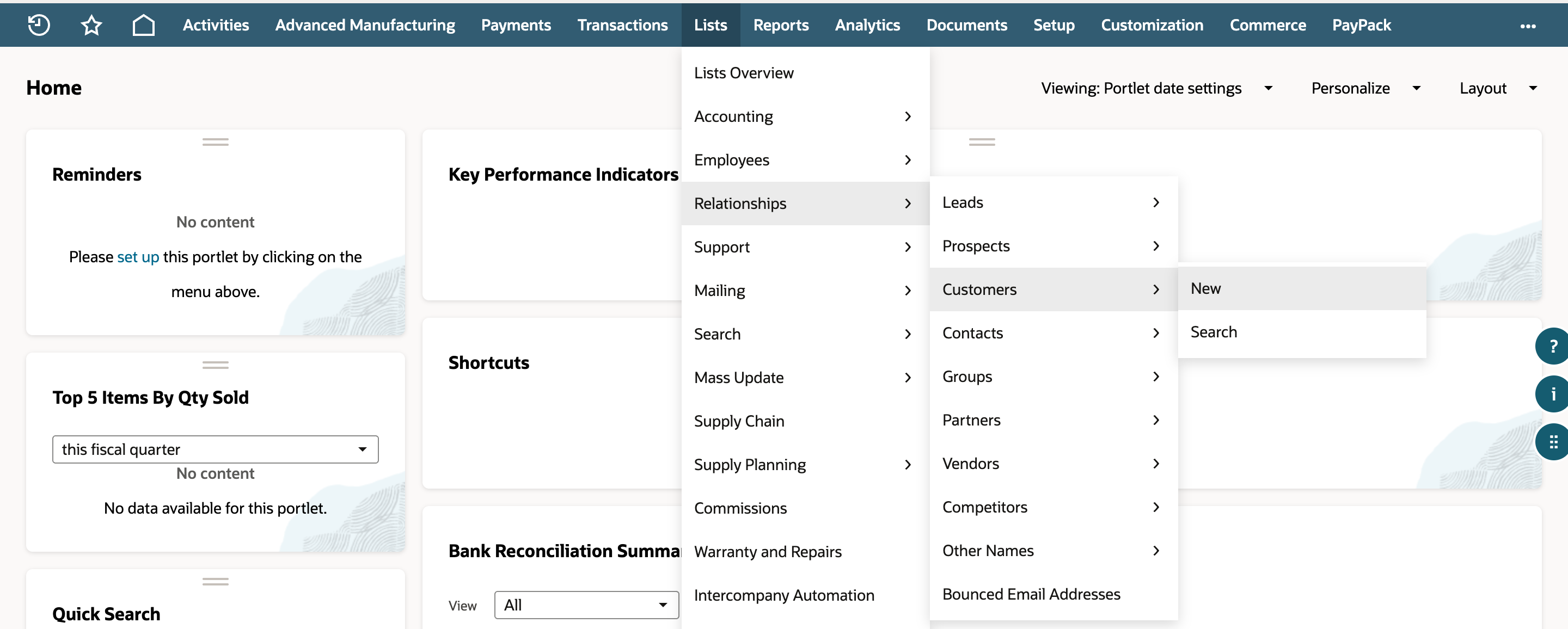 The Lists menu open to Relationships, then Customers, with New highlighted and a red arrow pointing at it.
