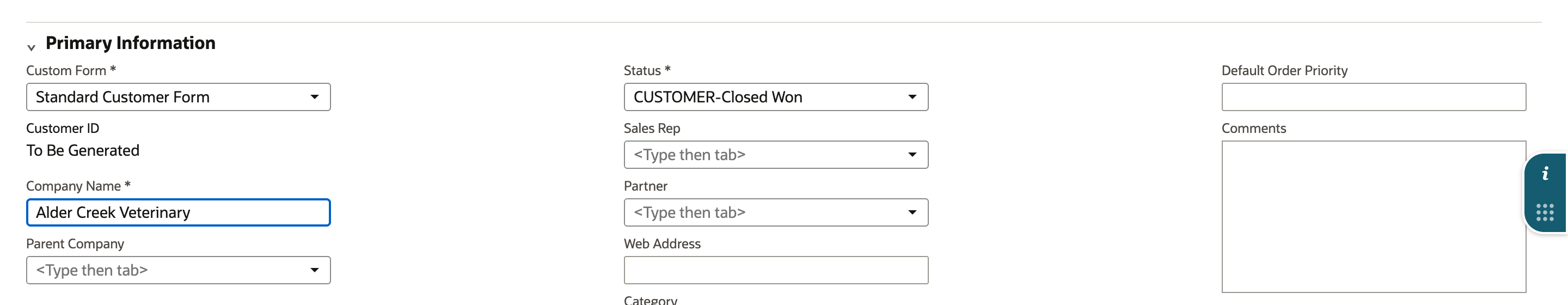 New customer form with Company Name Alder Creek Veterinary entered and Customer ID showing To Be Generated.