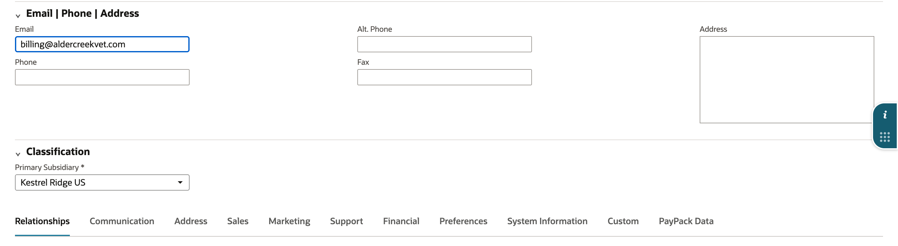 New customer form with Email billing@aldercreekvet.com entered and Primary Subsidiary set to Kestrel Ridge US, above the customer subtabs, which end with PayPack Data.