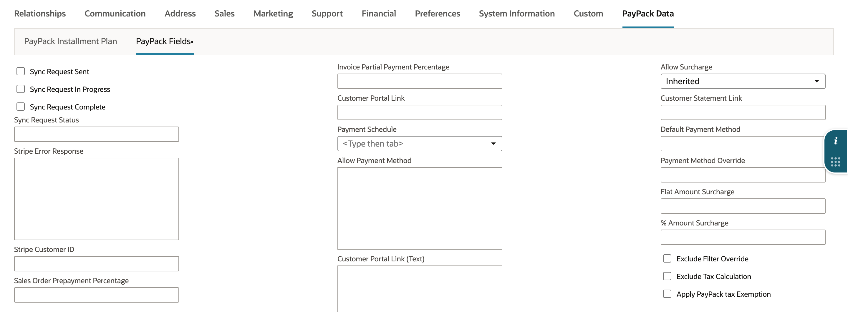 New customer PayPack Data subtab, PayPack Fields, with the three Sync Request checkboxes unchecked and Sync Request Status and Stripe Customer ID empty. A red arrow points at the Stripe Customer ID label.