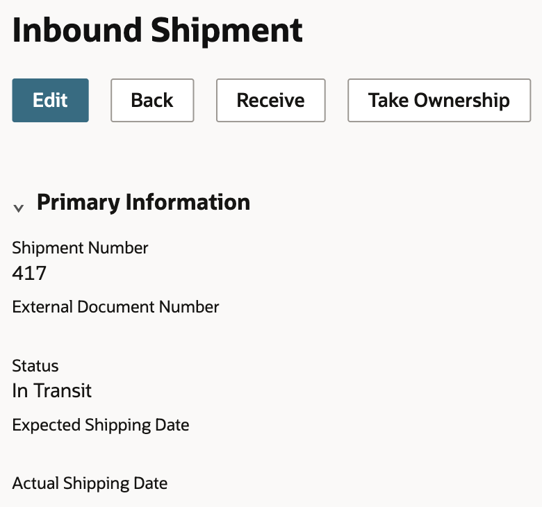 Shipment 417 is In Transit, with Take Ownership available.