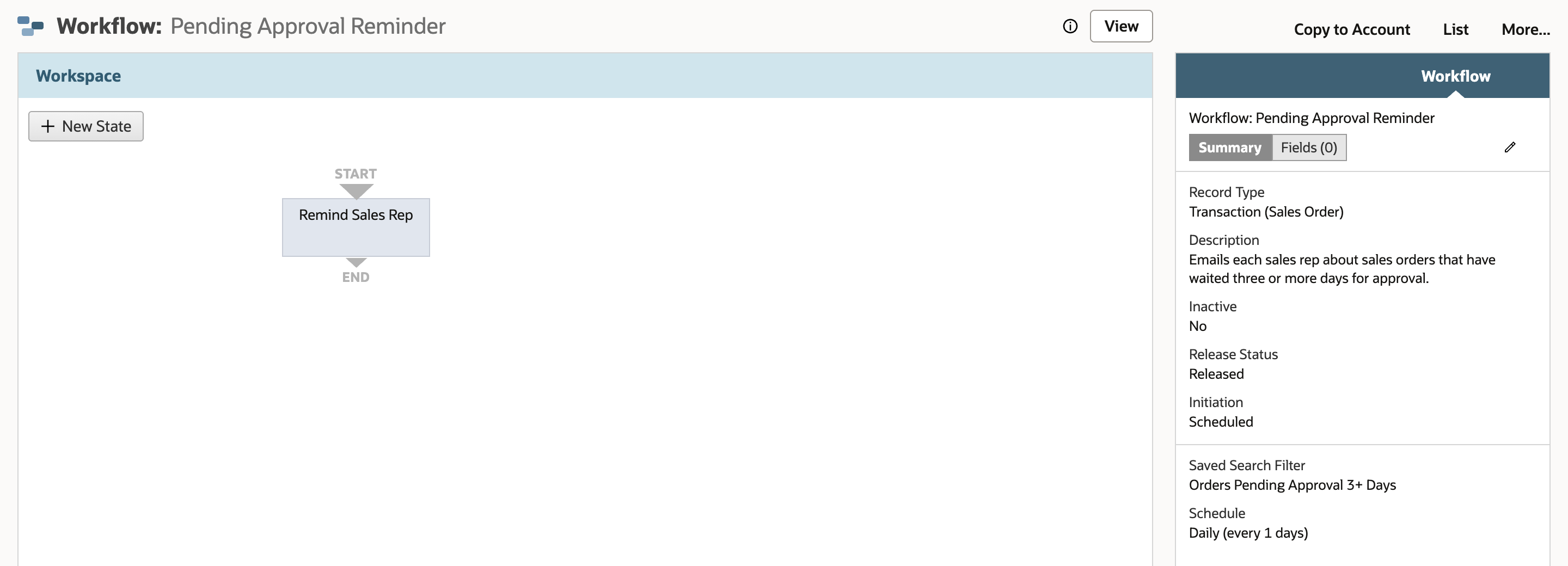 The workflow designer for Pending Approval Reminder with one state, Remind Sales Rep. The Workflow panel lists Record Type Transaction (Sales Order), Release Status Released, Initiation Scheduled, Saved Search Filter Orders Pending Approval 3+ Days and Schedule Daily (every 1 days).