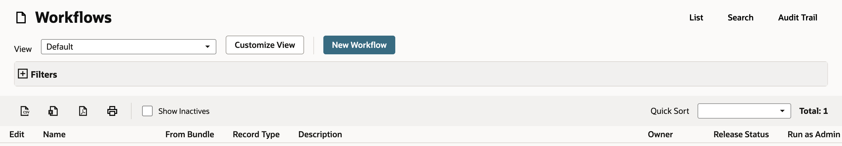 The Workflows list with one row: Pending Approval Reminder, record type Transaction, owner Alex Morgan, release status Released.