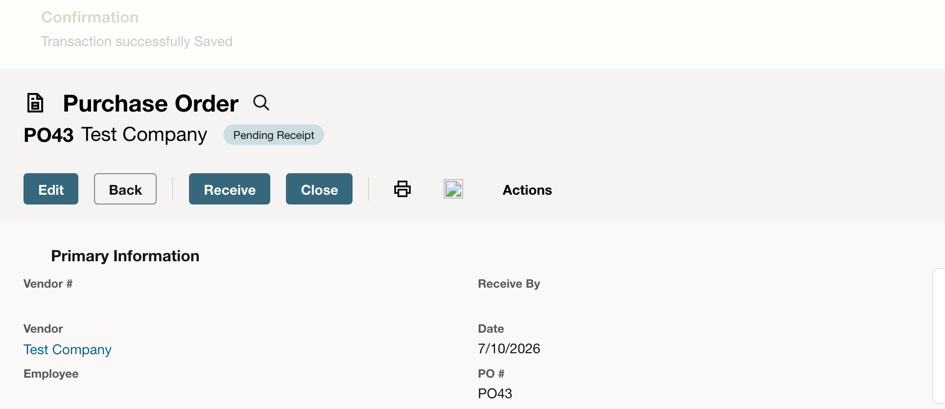 Saved Purchase Order showing Pending Receipt and the item total.