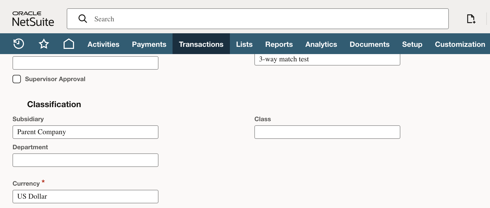 Purchase order memo and header before saving.