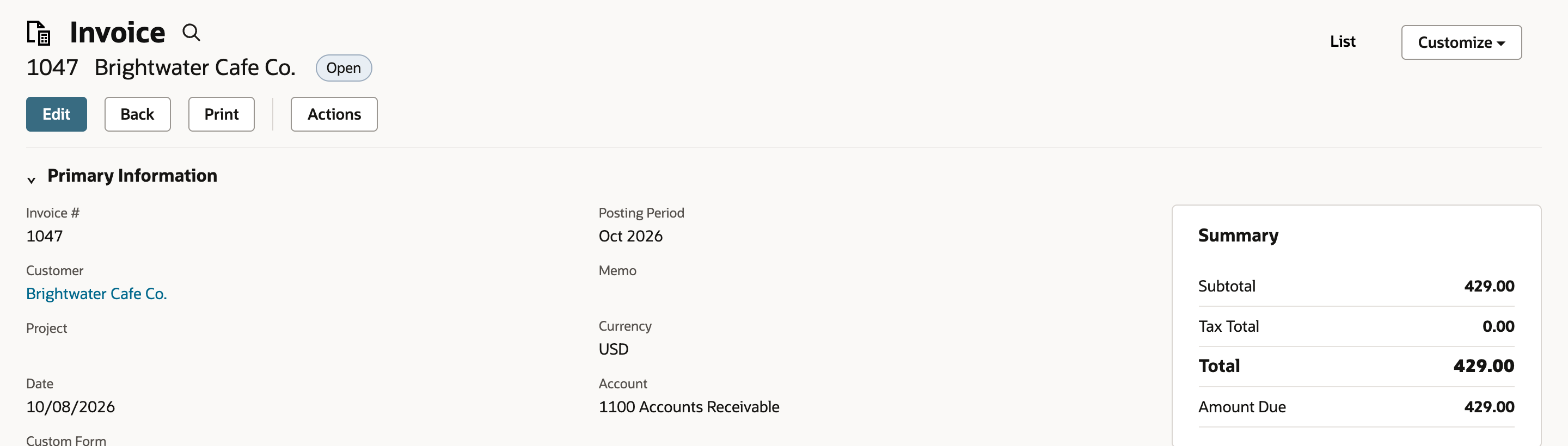 Invoice 1047 for Brightwater Cafe Co. with status Open. The Summary shows Subtotal 429.00, Total 429.00 and Amount Due 429.00, and a red arrow points at Amount Due.