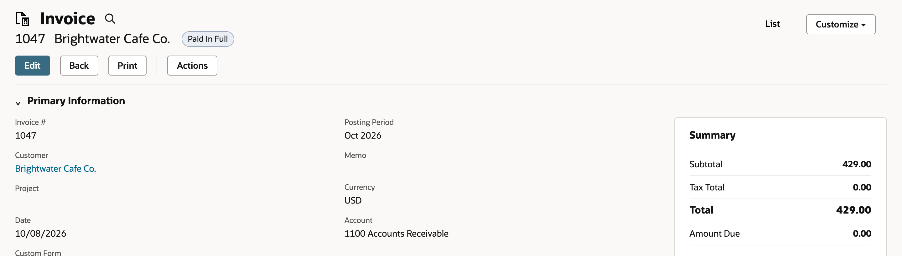 Invoice 1047 with status Paid In Full. The Summary shows Total 429.00 and Amount Due 0.00, and a red arrow points at the Paid In Full status.