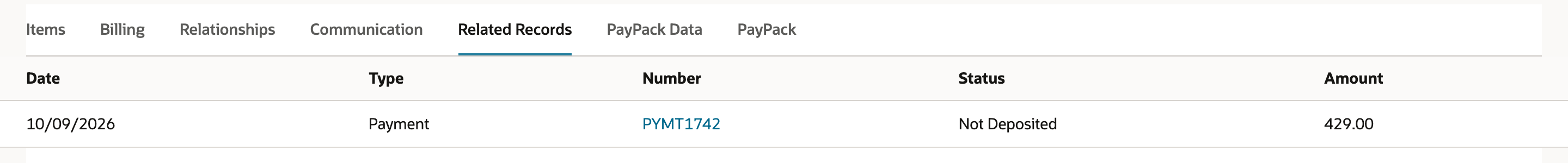 Invoice Related Records subtab listing one Payment, PYMT1742, dated 10/09/2026, status Not Deposited, amount 429.00.