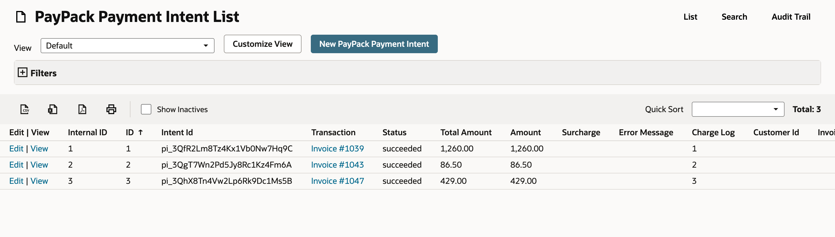 PayPack Payment Intent List with three succeeded rows. The row for Invoice #1047 shows amount 429.00 and Charge Log 3, and a red arrow points at Invoice #1047.
