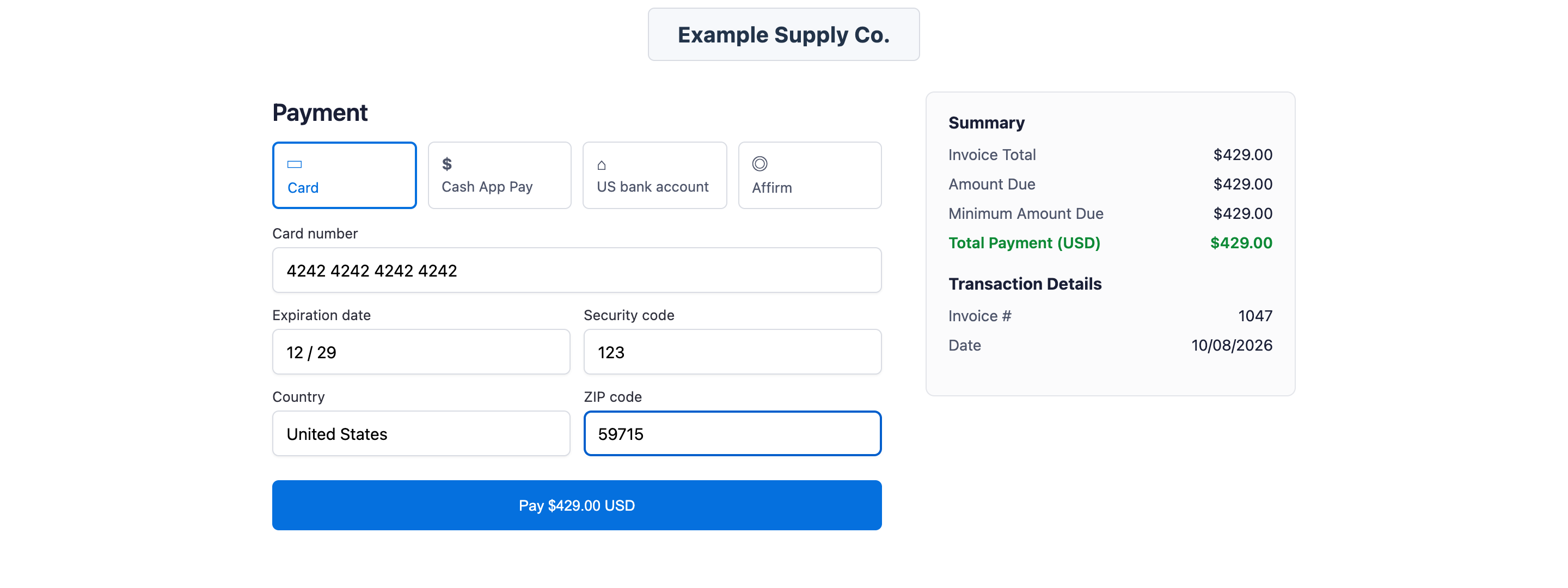 PayPack payment page with Card selected, the test card number 4242 4242 4242 4242, expiration 12 / 29, security code 123 and ZIP code 59715 entered. The Summary shows Invoice Total, Amount Due and Total Payment of 429.00, and a red arrow points at the Pay $429.00 USD button.