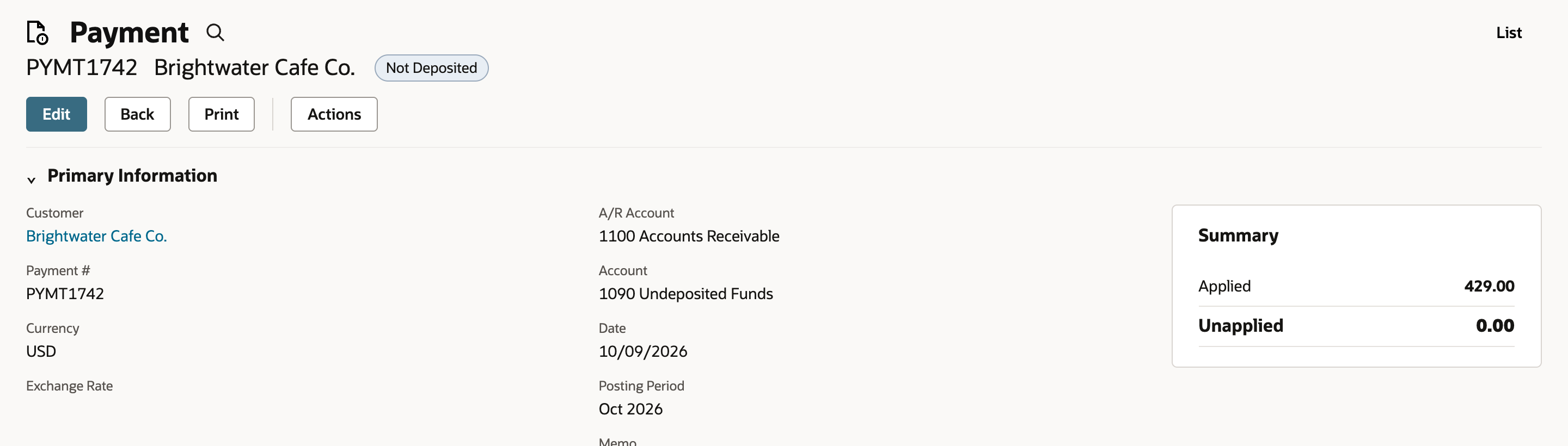 Customer payment PYMT1742, status Not Deposited, with Account 1090 Undeposited Funds and a Summary showing Applied 429.00 and Unapplied 0.00. A red arrow points at the Account value.