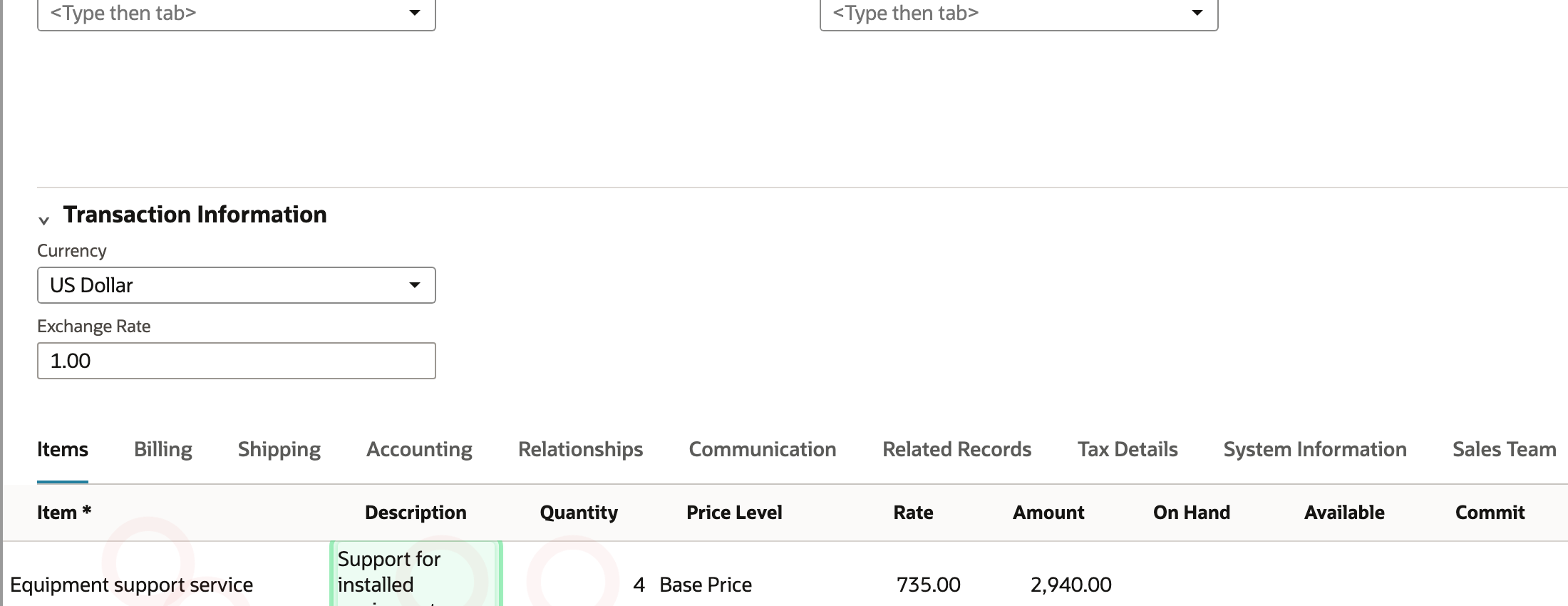 The invoice item grid shows one equipment support service line with quantity 4 at $735, subtotal $2,940.