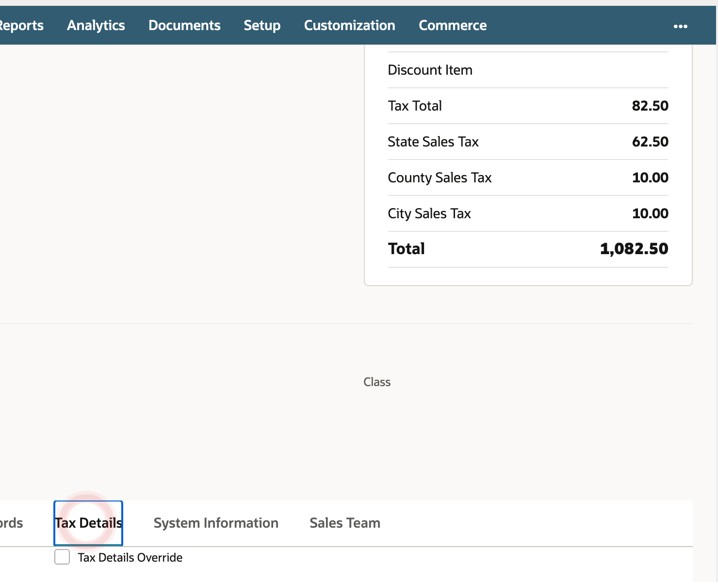 The saved invoice shows a $1,000 subtotal, $82.50 Tax Total, and $1,082.50 Total.