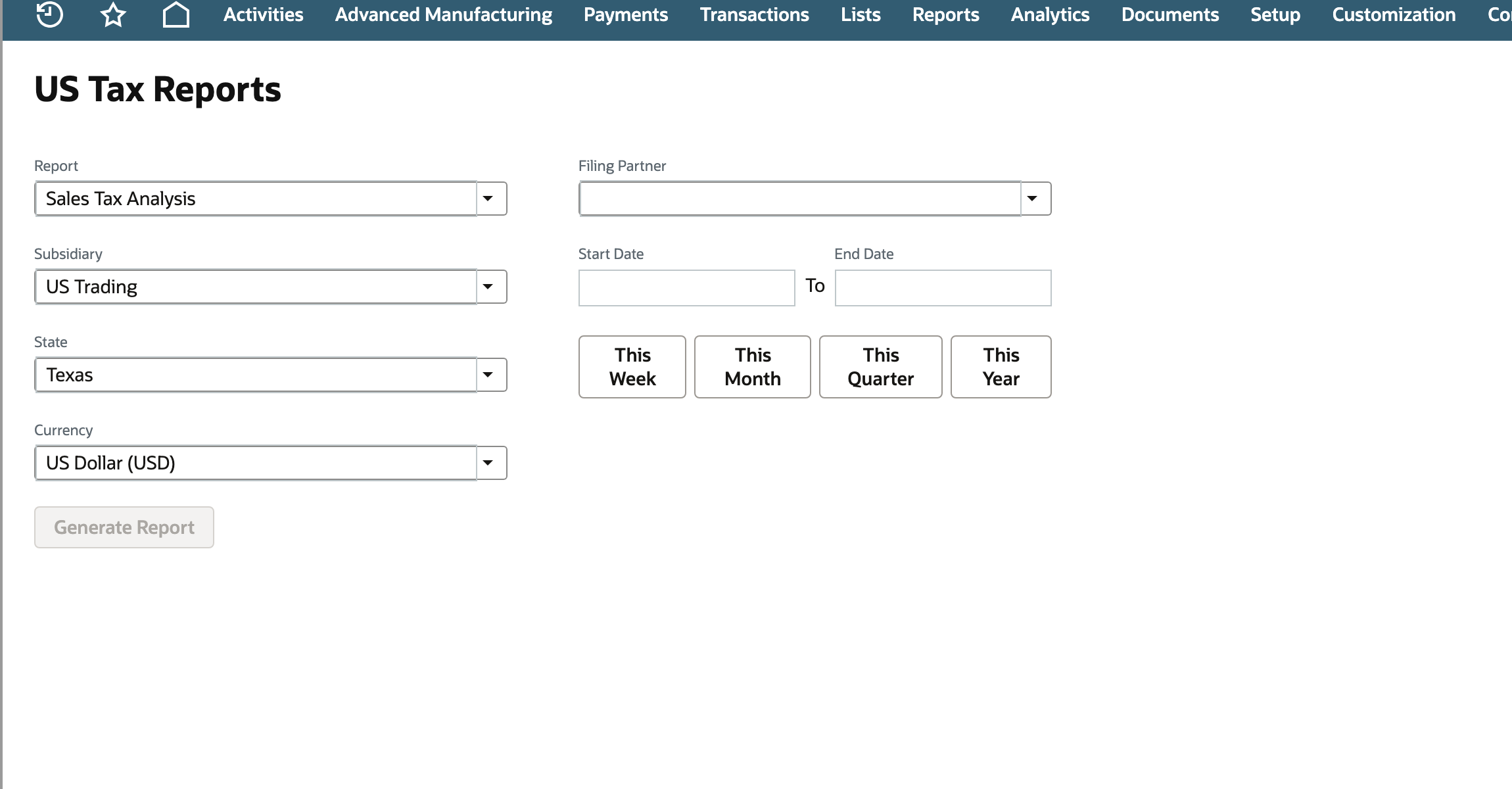 The US Tax Reports launcher shows Sales Tax Analysis and date, subsidiary, and report controls.