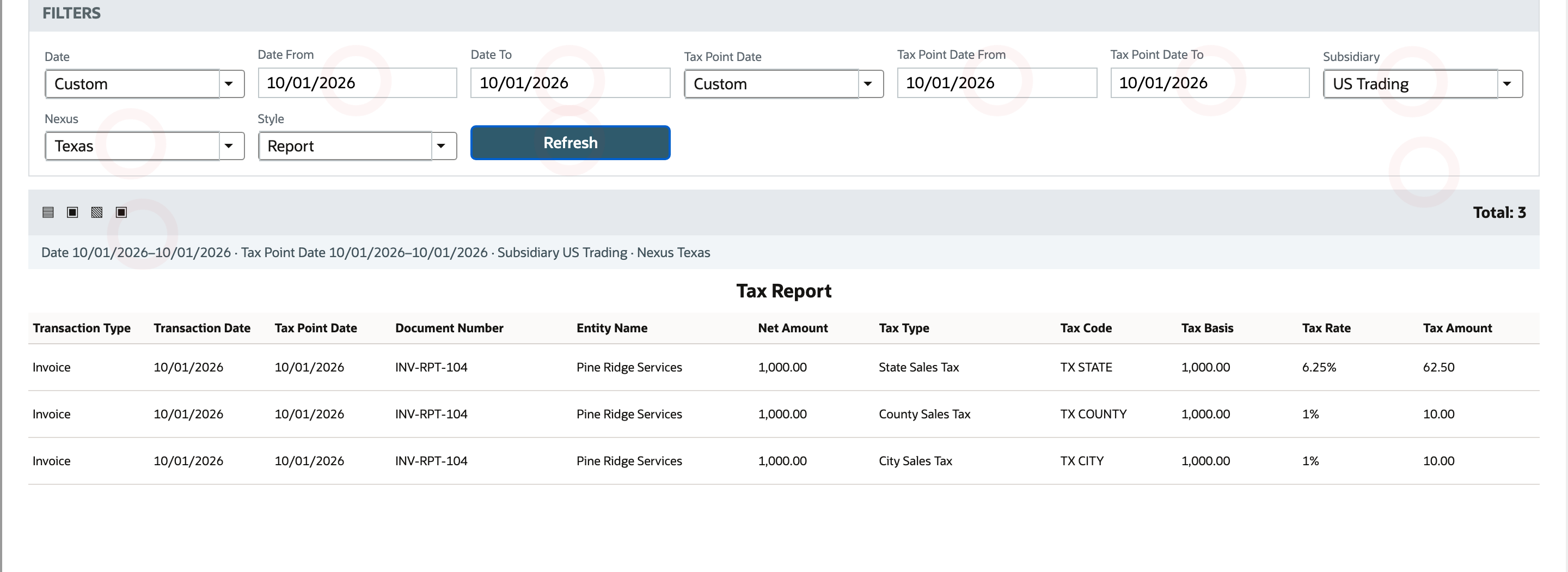 Generic Tax Report Detail shows three component rows for invoice INV-RPT-104 with tax basis and amount columns.
