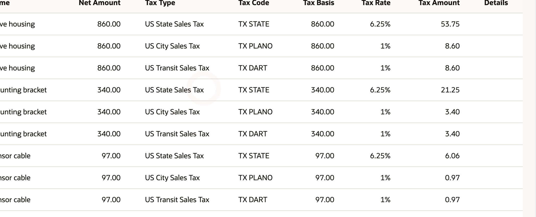 The saved sales order Tax Details table shows item-linked jurisdiction rows with basis, rate, and amount columns.