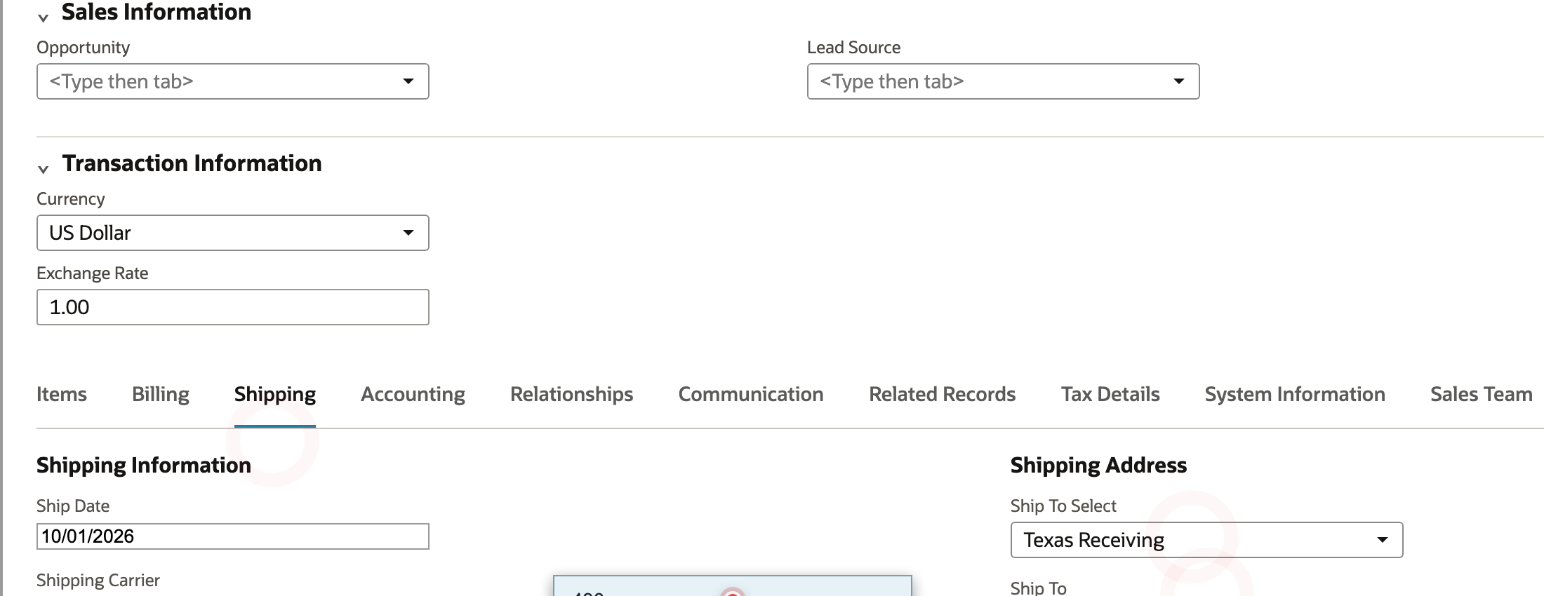 The Shipping section shows the selected Texas receiving address used for the preview.