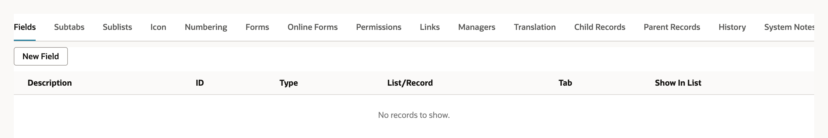 Saved Vendor Insurance Certificate record type showing the Fields subtab selected, a New Field button, and no fields yet